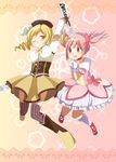  absurdres bad_id bad_pixiv_id beret blonde_hair boots breasts bubble_skirt choker corset dress drill_hair fingerless_gloves frills gloves gradient gradient_background hair_ornament hair_ribbon hat highres kaname_madoka magical_girl mahou_shoujo_madoka_magica medium_breasts multiple_girls official_style one_eye_closed pink_background pink_hair pleated_skirt ribbon shirt short_twintails skirt sparkle striped striped_legwear taut_clothes taut_shirt thighhighs tomoe_mami twintails vertical-striped_legwear vertical_stripes yellow_background yuri-0609 