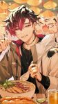  1boy black_hair black_shirt bowl chopsticks commentary crew_neck cup drawstring drink earrings eating ewa_(yion_yu94148) fang food fruit hair_between_eyes hashtag-only_commentary heart highres holding holding_chopsticks holding_utensil ice ice_cube jacket jewelry katsu_(food) layered_sleeves lime_(fruit) lime_slice long_sleeves male_focus meat multicolored_hair multicolored_jacket necklace nijisanji nijisanji_en noodles on_shoulder open_mouth paw_up pawpads piercing pink_eyes popped_collar purple_hair ramen restaurant shirt sitting sliced_meat smile solo streaked_hair table teeth tiger tongue two-tone_jacket unzipped upper_teeth_only ver_vermillion villion_(ver_vermillion) virtual_youtuber white_hair white_tiger 