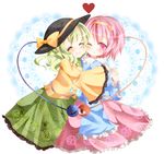  blush cheek-to-cheek closed_eyes floral_print green_hair hairband hat hat_ribbon heart hug komeiji_koishi komeiji_satori long_hair long_sleeves multiple_girls one_eye_closed open_mouth pink_eyes pink_hair ribbon sakura_(kasupi) shirt siblings sisters skirt smile third_eye touhou wide_sleeves 