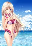  absurdres bad_id bad_pixiv_id bikini blonde_hair blue_eyes breast_suppress breasts cloud day heidi_ogezevara highres kyoukaisenjou_no_horizon long_hair medium_breasts mizutsuki_rei navel ocean one_eye_closed sky smile solo sparkle swimsuit 