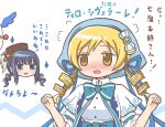  2girls bad_id bad_pixiv_id blonde_hair blue_eyes blue_hair blush charlotte_(madoka_magica) chiaki_riko chiaki_riko_(cosplay) commentary_request cosplay drill_hair hands_up long_hair magia_record:_mahou_shoujo_madoka_magica_gaiden magical_girl mahou_shoujo_madoka_magica multiple_girls nose_blush open_mouth reverse_(bluefencer) smile tomoe_mami tomoe_mami_(cosplay) translation_request twin_drills twintails upper_body white_background witch_(madoka_magica) yellow_eyes 