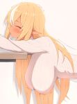  1girl blonde_hair blush breasts closed_eyes dark-skinned_female dark_skin elf hanging_breasts hololive implied_sex large_breasts long_hair motion_lines multicolored_hair pointy_ears sen_(sen42724788) shiranui_flare solo streaked_hair sweater virtual_youtuber white_sweater 