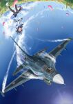  1girl ahoge aircraft airplane animal_ears black_hair black_pantyhose confetti contrail contrail_(racehorse) daring_tact_(umamusume) fighter_jet highres horse_ears horse_girl horse_tail looking_up military_vehicle mitsubishi_f-2 open_mouth pantyhose rascal-teitoku tail umamusume vehicle_focus 