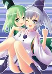  detached_sleeves green_eyes green_hair grey_eyes grey_hair hat highres japanese_clothes mazeshi mononobe_no_futo multiple_girls panties pantyshot ponytail soga_no_tojiko tate_eboshi touhou underwear wide_sleeves 