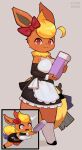 anthro biped blush breasts clothing cute_fangs eeveelution fangs female fingers flareon fur generation_1_pokemon grey_background hi_res kyurisawa looking_at_viewer maid_uniform nintendo open_mouth orange_body orange_fur pokemon pokemon_(species) red_eyes simple_background smile solo standing tail teeth uniform yellow_body yellow_fur yellow_tail