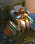  1boy apple armor bed bedroom blanket boots bow_(weapon) dappled_sunlight elf flower food from_above fruit highres link long_hair long_sleeves master_sword on_bed open_mouth pants picture_frame pillow pointy_ears red_shirt scabbard shannon_xie sheath shield shirt solo stool sunlight sword the_legend_of_zelda the_legend_of_zelda:_tears_of_the_kingdom tunic vase weapon white_pants wooden_floor 