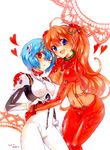  ayanami_rei bad_id bad_pixiv_id blue_eyes blue_hair bodysuit hair_ornament heart hug kanna_irori marker_(medium) multicolored multicolored_bodysuit multicolored_clothes multiple_girls neon_genesis_evangelion one_eye_closed orange_bodysuit orange_hair plugsuit rebuild_of_evangelion red_bodysuit red_eyes shikinami_asuka_langley skin_tight smile souryuu_asuka_langley test_plugsuit traditional_media white_bodysuit 