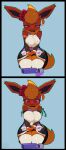 anthro biped blush breast_expansion breasts bulge clothing eeveelution expansion eyebrows eyelashes flareon fur generation_1_pokemon gynomorph hi_res intersex kneeling kyurisawa legwear maid_uniform multicolored_body multicolored_fur nintendo orange_body orange_fur pokemon pokemon_(species) red_eyes solo sound_effects tail text thigh_highs uniform yellow_body yellow_fur yellow_tail