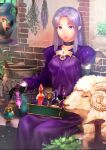  1girl animal asymmetrical_gloves asymmetrical_sleeves black_gloves bottle box braid breasts closed_mouth curtained_hair day dress elbow_gloves fate/grand_order fate_(series) feet_out_of_frame gloves herb_bundle holding holding_bottle in_box in_container light_particles long_hair long_sleeves looking_at_viewer medea_(caster)_(fate) medea_(fate) nekotawawa official_art parted_bangs plant pointy_ears purple_dress purple_eyes purple_lips sheep short_sleeves sidelocks sitting smile solo sunlight third-party_source uneven_gloves uneven_sleeves vase 