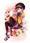  ascot bad_id bad_pixiv_id black_hat boots brown_hair efu flower green_eyes hand_on_headwear hand_up hat hat_tip leia_rolando open_mouth pantyhose shirt smile solo tales_of_(series) tales_of_xillia tales_of_xillia_2 