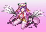  1girl belt blush breasts claws fang food fruit gloves gradient gradient_background looking_at_viewer maron_macaron open_mouth pink_background pink_gloves purple_eyes purple_hair qblade queen's_gate smile solo strawberry tgme 