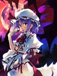  bat_wings blood blood_on_face full_moon hat highres moon purple_hair red_eyes red_moon remilia_scarlet short_hair skirt skirt_set solo tongue touhou wings wrist_cuffs yuuki_keisuke 