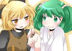  bad_id bad_pixiv_id bandaid bandaid_on_hand bandaid_pull blonde_hair commentary green_eyes green_hair hair_bobbles hair_ornament hammer_(sunset_beach) kisume kurodani_yamame multiple_girls open_mouth ponytail short_hair touhou twintails yellow_eyes 