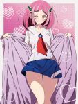  1girl arched_bangs blue_gakuran blue_skirt blueberry_academy_(emblem) blueberry_academy_school_uniform blush bolt_hair_ornament breasts brown_eyebrows brown_eyes cardigan closed_mouth commentary fujiwara_hiro_(kaede_ciao) heart heart_background highres lacey_(pokemon) medium_hair mismatched_eyebrows necktie one_eye_closed open_cardigan open_clothes pink_hair pokemon pokemon_sv purple_cardigan red_necktie school_uniform skirt small_breasts smile solo 