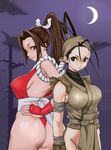  antenna_hair armor ass back-to-back bad_id bad_pixiv_id bandages bandana bare_hips black_eyes black_hair bombomb25 breasts brown_hair capcom_vs_snk crescent_moon crossover fatal_fury grey_eyes hair_ribbon height_difference high_ponytail highres hip_vent ibuki_(street_fighter) japanese_armor japanese_clothes kote large_breasts long_hair moon multiple_girls night night_sky ninja no_panties ponytail ribbon rope shimenawa shiranui_mai sideboob sky street_fighter street_fighter_iii_(series) the_king_of_fighters 