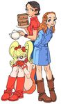  arms_behind_back blonde_hair blue_eyes brown_hair chinese_clothes effie hair_ornament hairclip houmei_(street_fighter) knees_on_chest long_hair lowres multiple_girls official_art orange_hair patricia_(street_fighter) raincoat short_hair street_fighter street_fighter_iii_(series) teapot twintails 