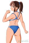  1girl ass blue_sports_bra brown_eyes brown_hair commentary_request cowboy_shot ereka highres lone_nape_hair looking_at_viewer looking_back median_furrow medium_hair original racerback solo sports_bra sports_panties twitter_username 