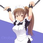  apron bdsm bondage bound brown_eyes brown_hair chain cuffs long_hair maid meow_(nekodenki) original pointy_ears ponytail restrained shackles solo 
