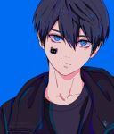  1boy black_hair black_jacket black_shirt blue_background blue_eyes closed_mouth collarbone commentary crew_neck double-parted_bangs eyelashes free! jacket looking_at_viewer male_focus nanase_haruka_(free!) open_clothes open_jacket shirt short_hair simple_background solo sticker sticker_on_face unzipped upper_body xrinkix zipper 