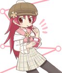 1girl bad_id bad_pixiv_id black_pantyhose brown_hat commentary_request cosplay cowboy_shot eating flower food food_in_mouth frilled_sleeves frills hand_up hat hat_flower holding holding_food holding_pocky jewelry long_hair long_sleeves looking_at_viewer magia_record:_mahou_shoujo_madoka_magica_gaiden mahou_shoujo_madoka_magica mahou_shoujo_madoka_magica_(anime) notice_lines official_alternate_costume pantyhose pink_scarf plaid_clothes plaid_skirt pocky pocky_in_mouth red_eyes red_hair reverse_(bluefencer) ring sakura_kyoko scarf shirt skirt solo standing tomoe_mami tomoe_mami_(cosplay) tomoe_mami_(winter_costume) white_shirt yellow_flower 