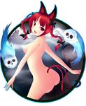  animal_ears ass braid breasts cat_ears cat_tail fang ghost hair_ribbon highres kaenbyou_rin mazeshi medium_breasts nude red_eyes red_hair ribbon skull solo tail touhou twin_braids twintails 