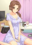  bag blush breasts brown_eyes brown_hair can curtains idolmaster idolmaster_cinderella_girls kawashima_mizuki long_hair looking_at_viewer medium_breasts namakemono_(u446644k) nightgown pillow sitting smile solo star star_print television wariza 