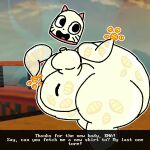 2025 4_fingers ambiguous_gender anthro big_butt black_nose butt dialogue domestic_cat english_text felid feline felis fingers floating_head fluffysheepxxx hi_res huge_butt huge_thighs hyper hyper_butt hyper_thighs kane_(ena) living_coin mammal obese obese_ambiguous obese_anthro open_mouth overweight overweight_ambiguous overweight_anthro pink_inner_ear raised_hand screencap screencap_background smile text text_box thick_thighs whiskers