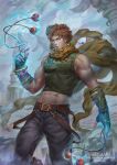  1boy abs battle_tendency belt black_pants blue_eyes bracelet brown_belt brown_hair clacker cowboy_shot dlx_(kssksskssk) fingerless_gloves gloves gold_bracelet green_gloves green_shirt hamon highres jewelry jojo_no_kimyou_na_bouken joseph_joestar joseph_joestar_(young) looking_at_viewer messy navel orange_scarf pants scarf shirt sleeveless sleeveless_shirt striped_clothes striped_scarf suspenders_hanging yellow_scarf 