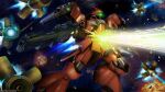  absurdres asteroid battle beam_rifle cable chest_cannon copyright_logo energy energy_beam energy_gun explosion firing funnels_(gundam) geara_doga geara_doga_psycommu_test_type gundam gundam_battle_operation_2 gundam_msv highres machinery mecha mecha_focus mobile_suit neo_zeon one-eyed realistic robot science_fiction space sunrise_(company) weapon 