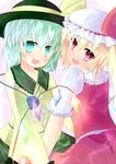  absurdres blonde_hair fang flandre_scarlet green_eyes green_hair hair_ribbon hat highres komeiji_koishi mazeshi multiple_girls red_eyes ribbon side_ponytail third_eye touhou wings 