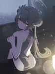  1girl astra_chichi back back_bow back_cutout backlighting bare_shoulders black_bow black_dress black_hair blue_archive blunt_bangs bow butterfly_hair_ornament china_dress chinese_clothes clothing_cutout commentary crescent_halo double_bun dress feet_out_of_frame from_behind grey_eyes grey_halo hair_bun hair_intakes hair_ornament halo hand_on_own_shoulder highres indoors kisaki_(blue_archive) light_blush long_hair looking_at_viewer looking_back parted_lips rain sitting sitting_on_table sleeveless sleeveless_dress solo straight_hair twintails upturned_eyes very_long_hair window 