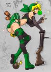  1girl absurdres ass ayamune_eri bandana belt_buckle black_shirt blonde_hair bomb boots breasts buckle chewing_gum crop_top emptyskull302 explosive fingerless_gloves gloves green_bandana green_boots green_eyes gun highres holding holding_gun holding_weapon metal_slug shirt snk stick_grenade v weapon 