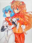  arm_around_neck ayanami_rei bad_id bad_pixiv_id blue_eyes blue_hair bodysuit hair_ornament hug kanna_irori marker_(medium) multicolored multicolored_bodysuit multicolored_clothes multiple_girls neon_genesis_evangelion orange_bodysuit orange_hair plugsuit rebuild_of_evangelion red_bodysuit red_eyes shikinami_asuka_langley smile souryuu_asuka_langley test_plugsuit traditional_media white_bodysuit 