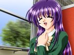  1girl eyes_closed happy long_hair purple_hair sitting tottemo_pheromone tsunashima_erika 