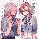  2girls ahoge amane_(7783) black_ribbon black_skirt brown_hair commentary_request ear_piercing fang grey_hair grey_shirt hair_between_eyes highres long_hair multiple_girls nail_polish neck_ribbon open_mouth original parent_and_child piercing pink_eyes pleated_skirt purple_nails ribbon school_uniform shirt short_hair simple_background skirt teeth translation_request upper_teeth_only vest white_background white_skirt white_vest 