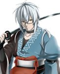  backlighting bad_id bad_pixiv_id bridal_gauntlets choker collarbone frown glasses highres katana male_focus morichika_rinnosuke over_shoulder pouch silver_hair simple_background solo sword sword_over_shoulder touhou try weapon weapon_over_shoulder white_background yellow_eyes 