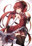  bare_shoulders black_legwear blush boots bow detached_sleeves fal_maro food food_in_mouth hair_bow highres leg_up long_hair magical_girl mahou_shoujo_madoka_magica mouth_hold pocky ponytail red_eyes red_hair sakura_kyouko solo thighhighs very_long_hair 