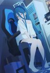  1girl ;) absurdly_long_hair absurdres alternate_costume aqua_halo aris_(blue_archive) astra_chichi bare_legs barefoot black_hair black_hairband blue_archive blue_eyes box bright_pupils cardboard_box casual chair character_name closed_mouth collarbone commentary dutch_angle full_body gaming_chair hair_between_eyes hair_down hairband halo happy heart highres indoors knees_together_feet_apart long_hair long_hair_between_eyes looking_at_viewer millennium_science_school_logo on_chair one_eye_closed rectangular_halo shirt short_sleeves sidelighting single_bare_shoulder sitting smile solo split_mouth straight_hair swivel_chair v_arms very_long_hair white_pupils white_shirt wide_sleeves 