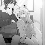  1girl bad_id bad_pixiv_id blush closed_eyes coat greyscale hand_on_another's_head jacket ktsis leaning_on_person long_hair monochrome original short_hair sleeping sleeves_past_wrists winter 