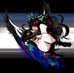  :d boots breasts bullpup cape crossed_legs fingerless_gloves gloves gun hair_ribbon highres jewelry jumping large_breasts left-handed legs long_hair looking_at_viewer naked_cape necklace nude open_mouth p90 red_eyes red_hair reiuji_utsuho ribbon sitting slit_pupils smile solo submachine_gun touhou underboob v-shaped_eyebrows weapon wings yaruku 