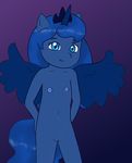  anthro anthrofied blue_eyes blue_hair crown equine female friendship_is_magic hair horn horse long_hair looking_at_viewer mammal my_little_pony nipples nude pegasus plain_background pony princess_luna_(mlp) pussy royalty simple_background smile solo unicorn winged_unicorn wings young zekromlover 