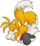  anthro balls blonde_hair blue_eyes butt canine cute embarrassed emerald-physics fox gay hair looking_at_viewer male mammal miles_prower multiple_tails plain_background sega shy smile solo sonic_(series) white_background young 