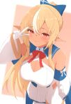  1girl blonde_hair blush breasts cleavage commentary_request dark-skinned_female dark_skin detached_sleeves elf gloves highres hololive large_breasts long_hair multicolored_hair orange_background pointy_ears sen_(sen42724788) shiranui_flare shiranui_flare_(1st_costume) smile solo streaked_hair two-tone_background v virtual_youtuber white_background white_gloves 