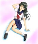  black_hair flower green_eyes hair_flower hair_ornament highres ken'ichi_(silvian125jp) long_hair one_eye_closed sakugawa_school_uniform saten_ruiko school_uniform serafuku skirt to_aru_kagaku_no_railgun to_aru_majutsu_no_index 