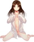  :o barefoot bottomless brown_eyes brown_hair flat_chest hands_on_own_chest ktsis long_hair looking_at_viewer naked_shirt no_panties open_clothes open_shirt original pajamas shirt simple_background sitting solo wariza white_background 