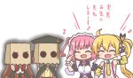  4girls :d ^_^ aura bad_id bad_pixiv_id bag bag_over_head blonde_hair brown_hair closed_eyes commentary_request dark_aura finger_to_cheek furrowed_brow hiiragi_nemu long_hair long_sleeves magia_record:_mahou_shoujo_madoka_magica_gaiden magical_girl mahou_shoujo_madoka_magica maid_headdress makino_ikumi midori_ryo multiple_girls musical_note open_mouth paper_bag pink_hair reverse_(bluefencer) salute satomi_touka short_hair side_ponytail smile translation_request two-finger_salute two_side_up upper_body 