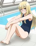  barefoot blonde_hair blush brown_eyes eyebrows glasses indoors long_hair looking_at_viewer one-piece_swimsuit perrine_h_clostermann pool pool_ladder poolside rei_no_pool sitting smile solo strike_witches swimsuit water world_witches_series youkan 