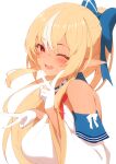  1girl bare_shoulders blonde_hair blue_bow blush bow breasts dark-skinned_female dark_elf dark_skin detached_sleeves dress elf gloves grey_hair hair_bow highres hololive large_breasts long_hair long_sleeves looking_at_viewer multicolored_hair neck_ribbon one_eye_closed open_mouth pointy_ears ponytail red_eyes red_ribbon ribbon sen_(sen42724788) shiranui_flare shiranui_flare_(1st_costume) simple_background smile solo streaked_hair virtual_youtuber white_background white_dress white_gloves white_ribbon wide_sleeves 