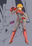  blonde_hair blue_eyes bodysuit breasts gundam gundam_zz hand_on_hip headwear_removed helmet helmet_removed large_breasts lime_(purple_haze) orange_hair pilot_suit puru_two quin_mantha sidelocks skin_tight solo 