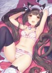  1girl :3 absurdres animal_ear_fluff animal_ear_legwear animal_ears bell black_thighhighs bow bow_bra bow_panties bra brown_hair buttons cameltoe cat_ear_legwear cat_ears cat_girl cat_tail chocola_(nekopara) heart_button highres looking_at_viewer lying neck_bell nekopara open_mouth panties pink_bow pink_bra pink_panties ribbon-trimmed_bra ribbon-trimmed_panties ribbon_trim sayori_(neko_works) slit_pupils smile solo striped_bra striped_clothes striped_panties tail thighhighs third-party_edit twintails underwear underwear_only unworn_clothes 